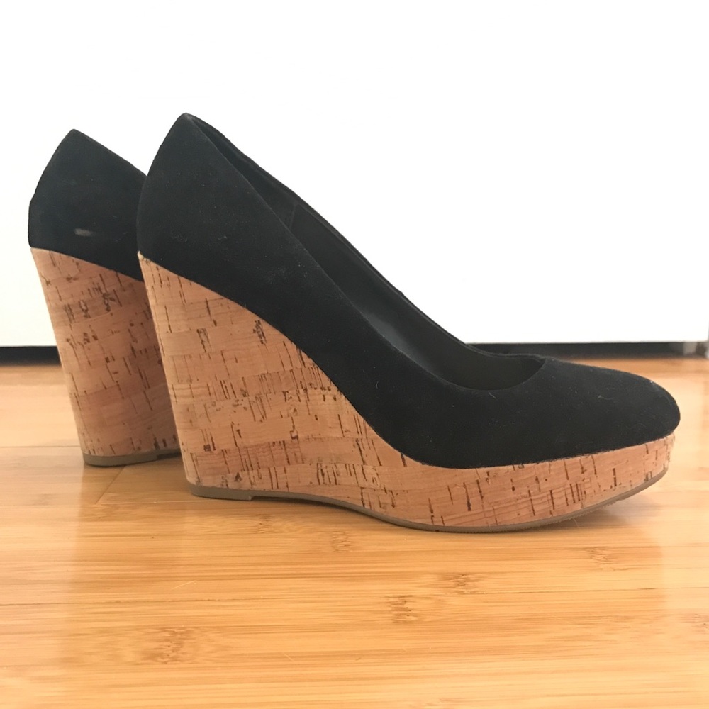 Cork wedge heels with black upper, size 9